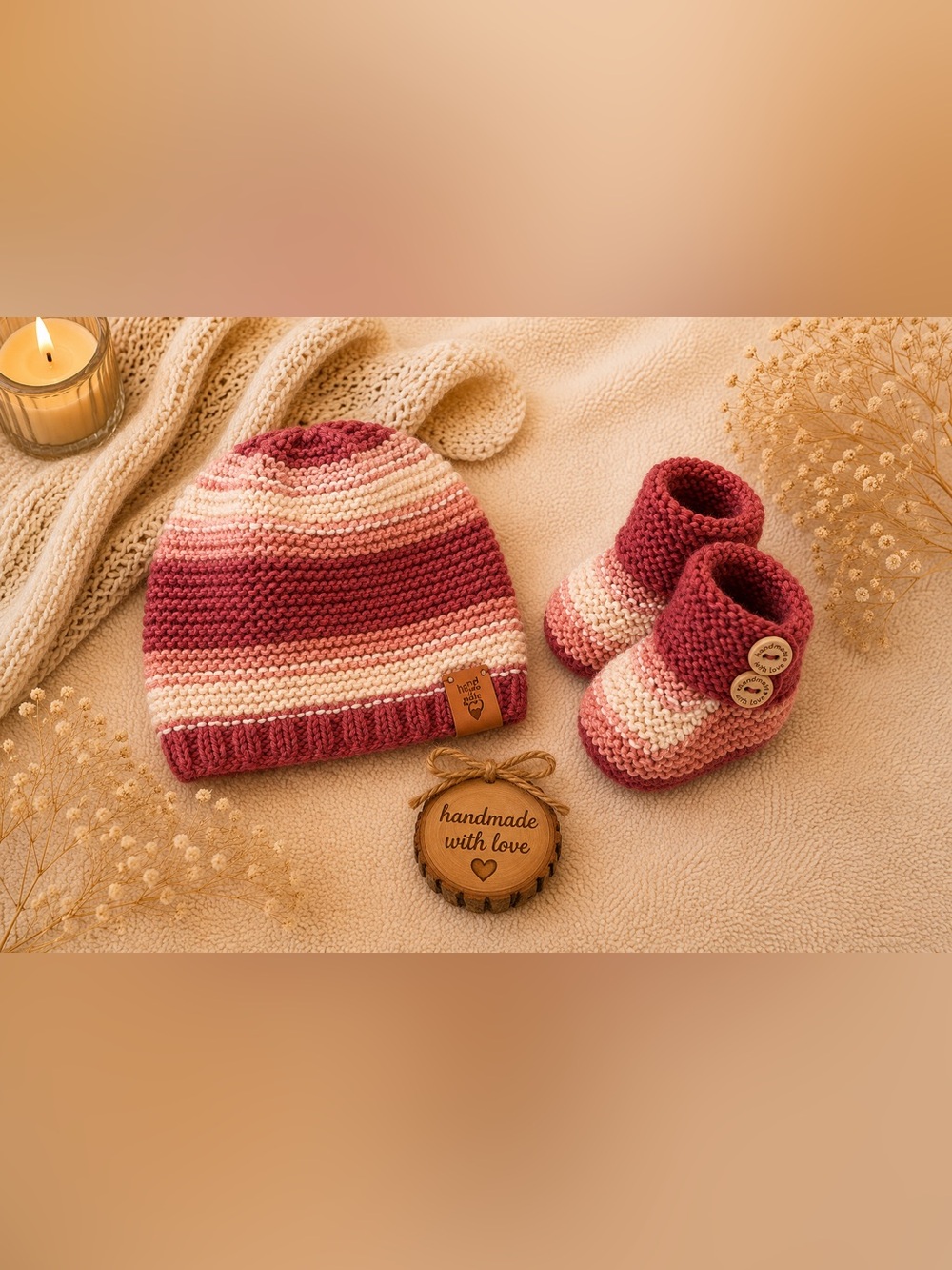 Handmade Striped Knit Beanie & Booties - Rose and Cream